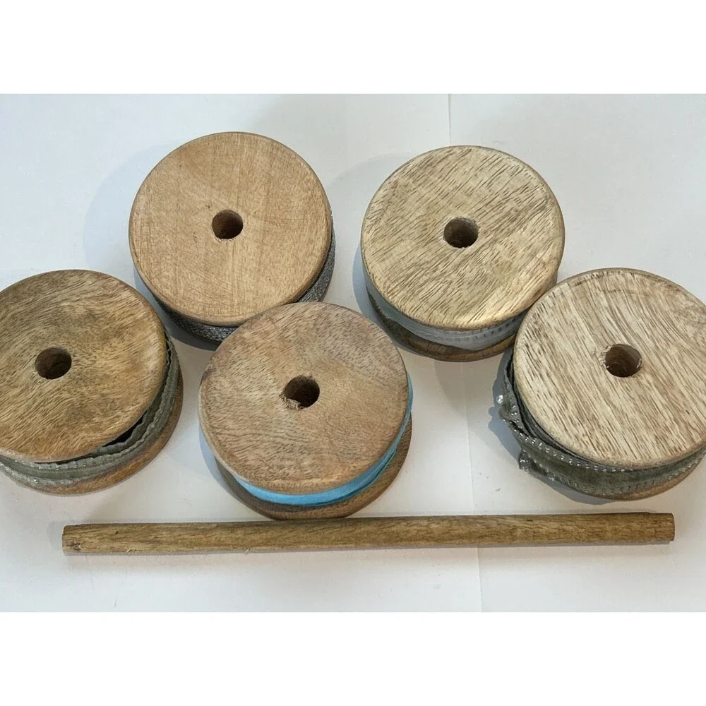Wooden Box Ribbon Trim Dispenser Storage Rustic 5 Spool